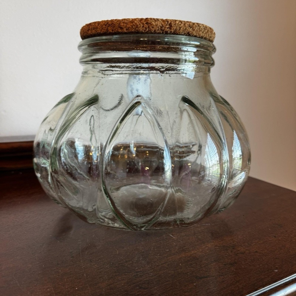 7.5" Vintage Green Tint Pumpkin Shape Apothecary Glass Jar W/ Cork Lid